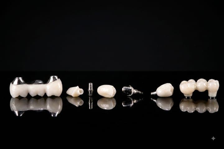 Implant restorations and abutments displayed on a reflective surface
