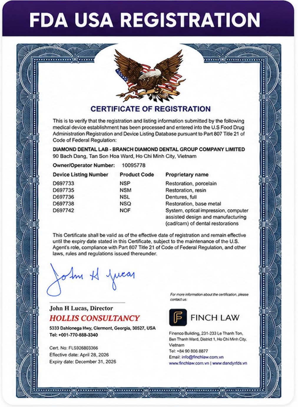 FDA USA Establishment Registration certificate