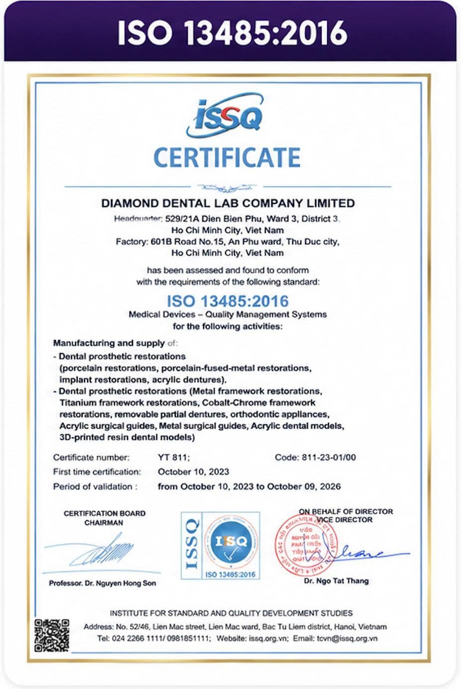 ISO 13485:2016 certificate for Diamond Dental Lab