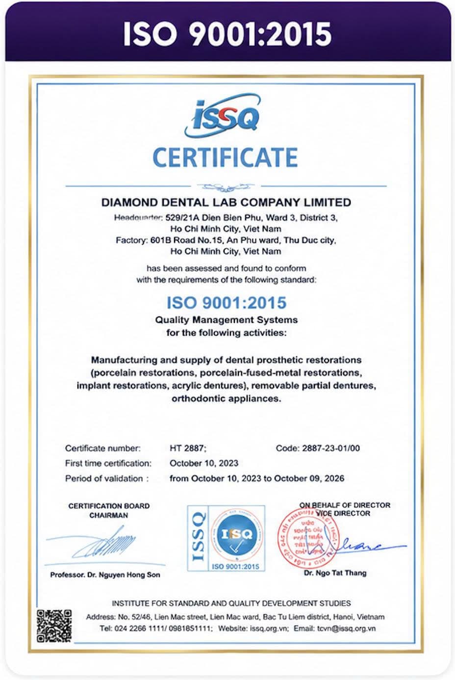 ISO 9001:2015 certificate for Diamond Dental Lab